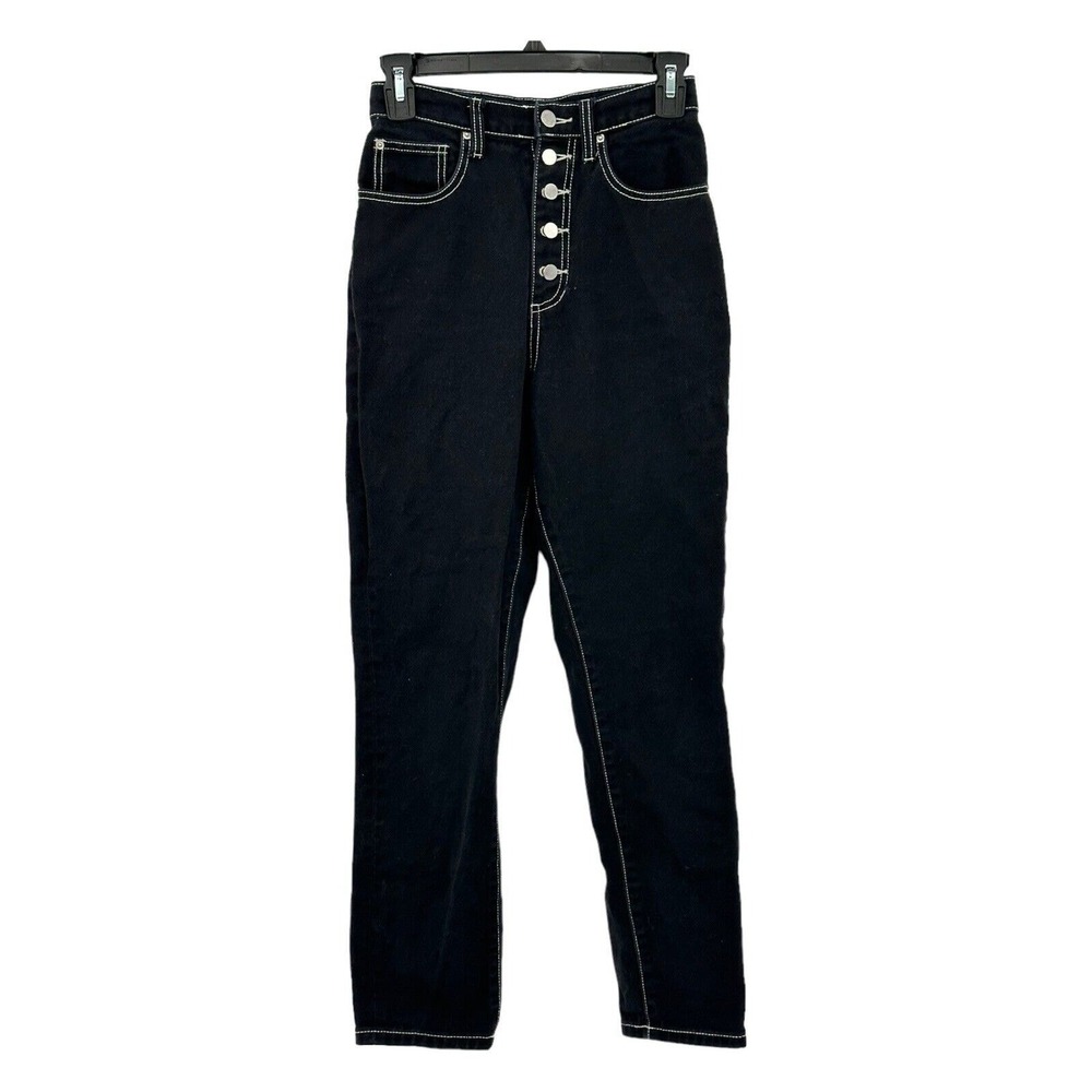 We Wore What Jeans Womens 26 Black Contrast Stitch Button Fly Slim Leg Grunge